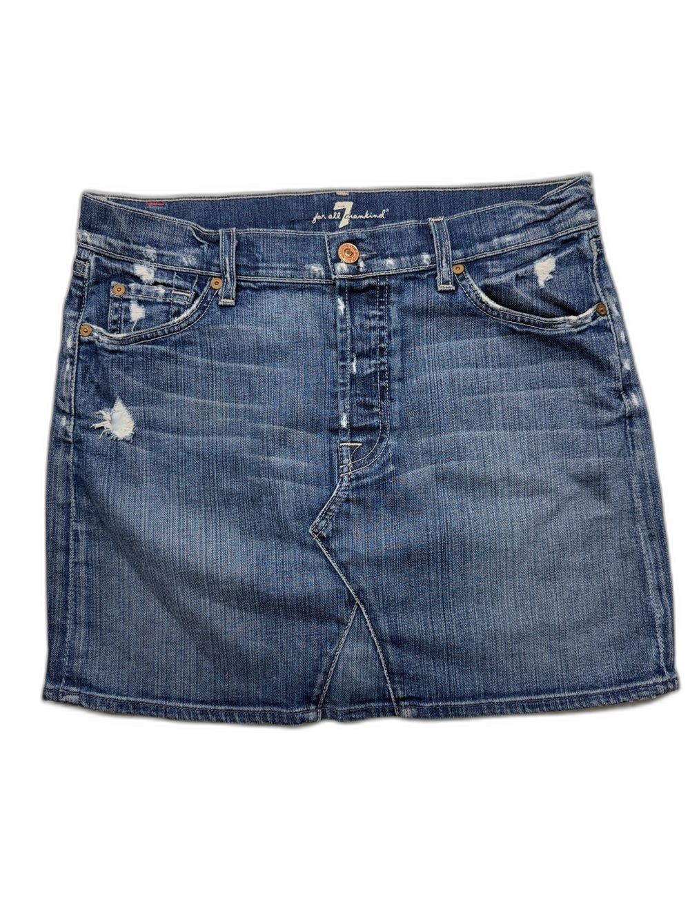 7 For All Mankind Distressed Denim Mini Skirt Dark Wash